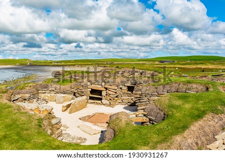 View to Skara Brae stone-built Neolithic settlement, located on the Bay of Skaill on the west coast of Mainland, the largest island in the Orkney archipelago of Scotland