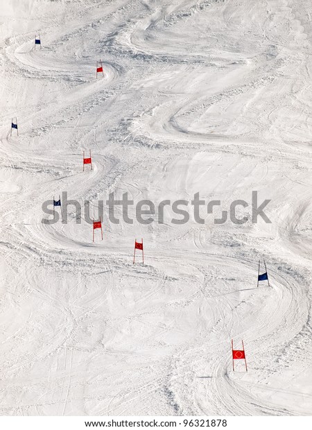 View of the ski\
slope with slalom markers.