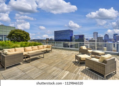 View of sky lounge on the roof of high-rise apartment building. Picturesque cityscape of Seattle. Northwest, USA