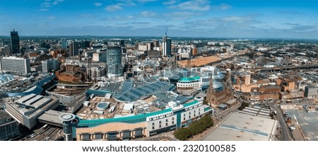 View of the skyline of Birmingham, UK including The church of St Martin, the Bullring shopping centre and the outdoor market.