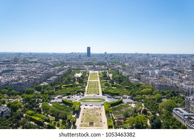 View Of Skyline Paris From Top View. Cityscape And Champ De Mars From Top View At Eifel Tower. 