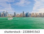View to the skyscrapers of the district Marina, Ocean, Dubai City, Yacht