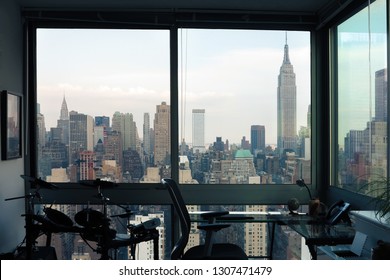 View Of Skyscrapers Of  New York City (Manhattan) Through Windows Of Apartment. Top View Of Midtown Of Manhattan. USA 