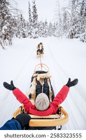 View from a sled being pulled by huskies on a snow-covered trail, surrounded by dense, snowy trees. A child in a red jacket spreads their arms in joy.