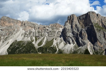 View from the slopes of Seceda on the Mt. Muntijela and the Mont de Stevia cliffs