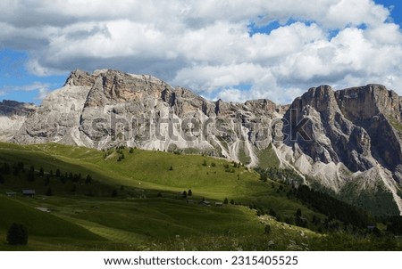 View from the slopes of Seceda on the Mt. Muntijela and the Mont de Stevia cliffs