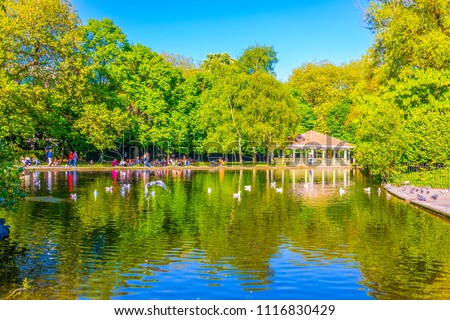 View of a small pond in the Saint Stephen's Green park in Dublin, Ireland