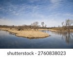 View of a small stream passing through a marsh and forest along the Glacial Drumlin State Trail on a sunny spring day near Dousman, Wisconsin.