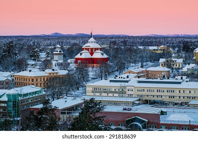 View of small swedish  european  town Soderhamn at sunrise