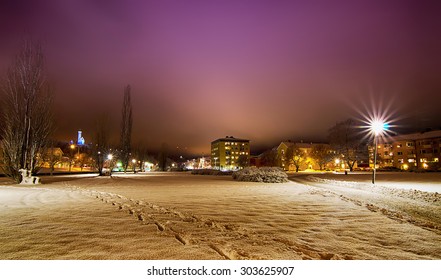 View Of Small Swedish  European  Town Soderhamn At Night