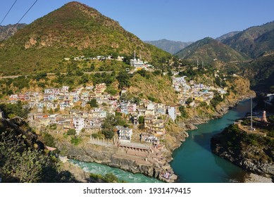 A View Of The Small Town Of Rudraprayag In Uttarkhand, India, With The Himalayas And The Two Rivers Joining Giving Its Name