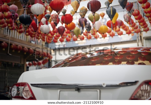 View of small town\
in Thailand during lantern festival,Chinese new year\
decorations.Soft and selective\
focus.