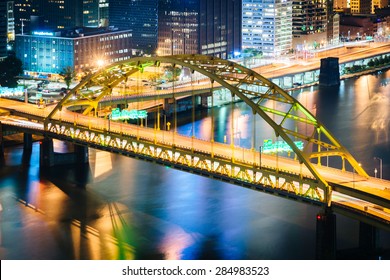 View Of The Smithfield Street Bridge At Night From Grandview Avenue In Mount Washington, Pittsburgh, Pennsylvania.