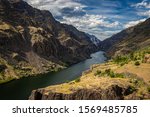 A view of the Snake River at the stateline of Idaho and Oregon in Hells Canyon.`