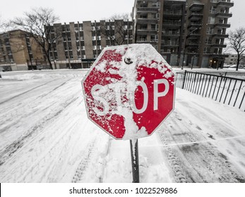 View Of Snow Covered Red Stop Sign With Buildings, Slippery Shoveled Concrete Side Walk And Plowed Snowy Street Beyond In Chicago During Winter Weather Snow Fall.