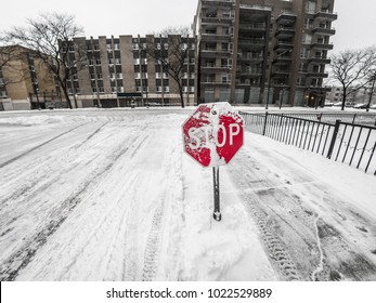 View Of Snow Covered Red Stop Sign With Buildings, Slippery Shoveled Concrete Side Walk And Plowed Snowy Street Beyond In Chicago During Winter Weather Snow Fall.