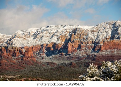 View Of Snow Covered Wilson Mountain Sedona AZ, Clouds And Blue Sky