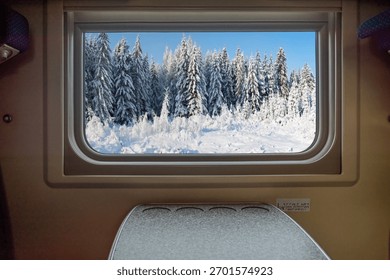 View of a snow-covered forest through a train window