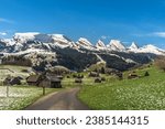 View of the snowy Churfirsten mountains in the Swiss Alps, Toggenburg, Wildhaus-Alt St Johann, Canton St. Gallen, Switzerland