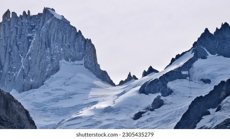 A view of a snowy peak close up snow cap in Andes mountains on the way to Fitz Roy close to El Chalten Patagonia Argentina 