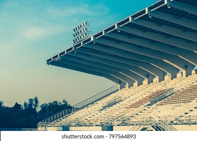 View of soccer field in the arena stadium background. Football sport championship tournament and exercise concept. Playground to play competitive game. Vintage or retro style. Copy space