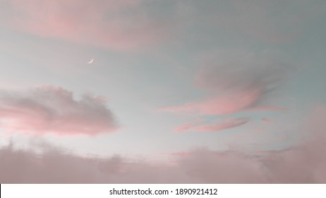 View To Soft Purple Sky With Fluffy Clouds And Crescent Moon