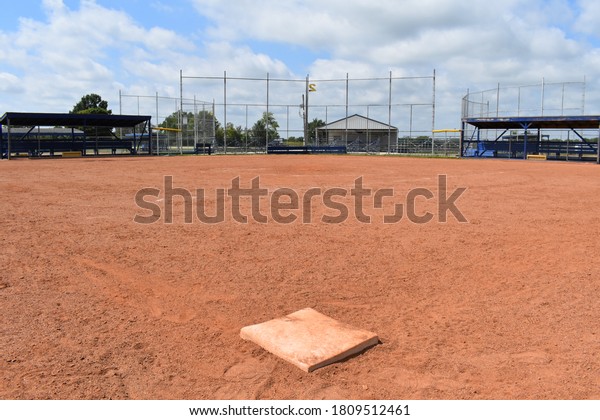 View of a softball\
field from second base
