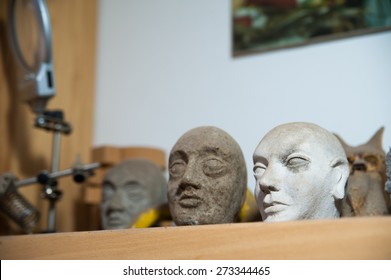 View Of Some Paper Mache Heads Of Unfinished Sicilian Marionettes In The Studio Of A Puppet Artisan In Syracuse