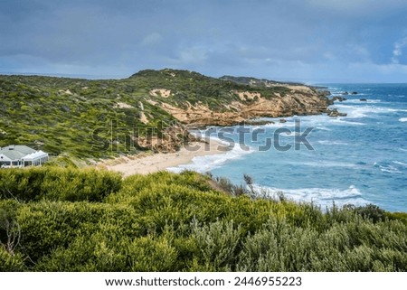 View of Sorrento Ocean beach from Coppins Lookout on the Bass Strait side of the Mornington peninsula south of Melbourne, Victoria. The area is a popular holiday and day trip destination.