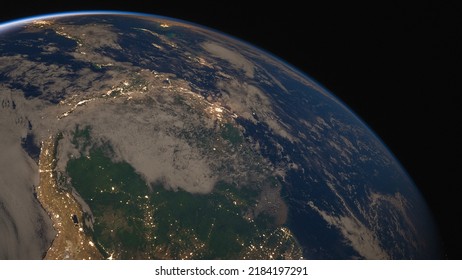 View Of South America And The Amazon From Space, Orbital View Of Earth, Planetary Shot Showing Clouds And Oceans, Cities At Night, Light Pollution, Blue Atmosphere