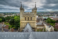 A View Of The South Tower Of The Cathedral From The Roof. The Center Of Exeter. Devonshire. England