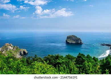 A view of the southern rocky coastal area of Java Island in Pacitan Regency.