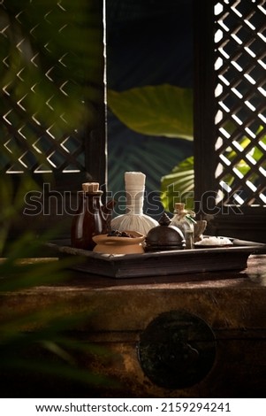 view of spa theme objects on tropic color back 