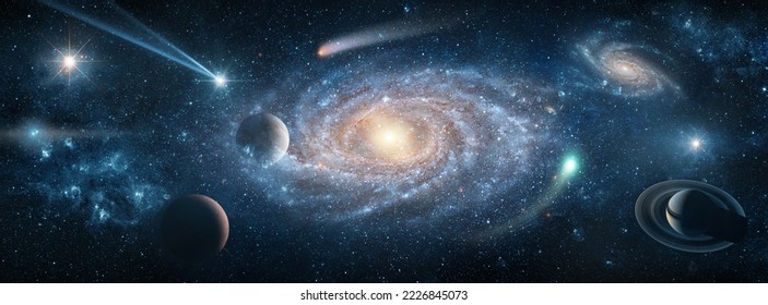 View from space to the Galaxies, stars, comet, asteroid, meteorite, nebula, Saturn. Cosmic panorama of the universe. Space travel fantasy. Elements of this image furnished by NASA