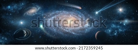 View from space to the Galaxies, stars, comet, asteroid, meteorite, nebula, Saturn. Cosmic panorama of the universe. Space travel fantasy. Elements of this image furnished by NASA