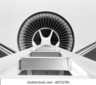 A View Of The Space Needle In Seattle Looking Straight Up At The Observation Deck From The Base Of The Structure. (Scanned From Black And White Film.)