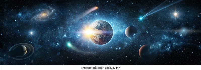 Blick vom Weltraum auf den Planeten Erde, Galaxien, Sterne, Komet, Asteroid, Meteorit, Nebel, Saturn. Kosmisches Panorama des Universums. Weltraum ist Fantasie. Von der NASA bereitgestellte Elemente dieses Bildes