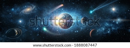 View from space to the planet Earth, galaxies, stars, comet, asteroid, meteorite, nebula, Saturn. Cosmic panorama of the universe. Space travel fantasy. Elements of this image furnished by NASA