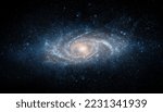 View from space to a spiral galaxy and stars. Universe filled with stars, nebula and galaxy,. Elements of this image furnished by NASA.