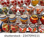 View of Spanish ceramic flower pots. Selective focus 
