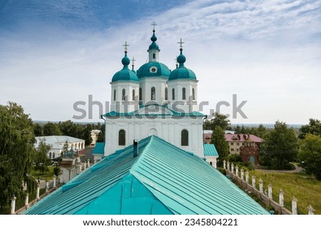View of the Spassky Cathedral and the city of Yelabuga from the bell tower of the Spassky Cathedral on a sunny spring day. Yelabuga, Tatarstan, Russia