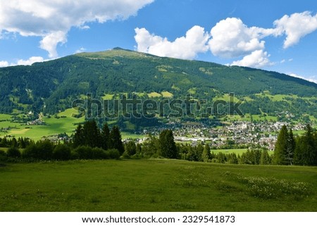 View of Speiereck mountain peak and St. Michael im Lungau town in 