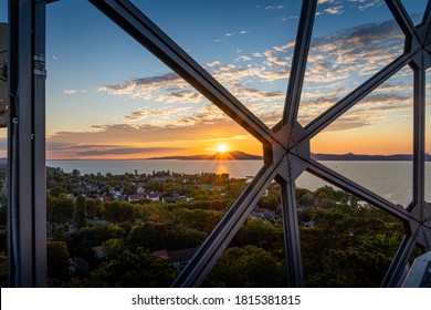 View from the sphere lookout at Balatonboglár, Hungary at a summer sunset.