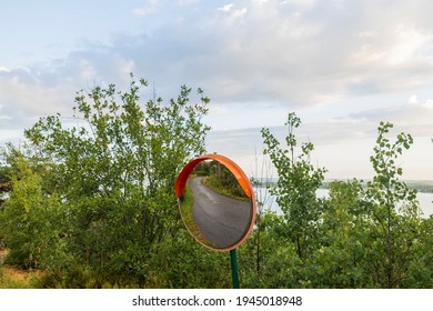 View Of Spherical Viewing Mirror For So-called Dead Zone. Driving Safety Concept.