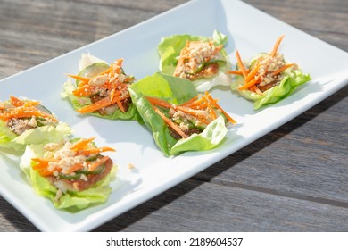 A View Of A Spicy Tuna Lettuce Wrap Hors D'oeuvre Tray.