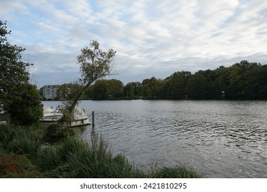 
View of the Spree River in the evening in October. The Spree is, with a length of approximately 400 kilometres, 250 mi, the main tribute of the River Havel. Berlin, Germany
