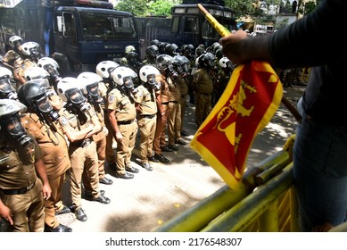 View Of Sri Lankan Security Officers Stand Guard During Anti-Government Protesters Gathering Stage A Protest In Colombo Against The Government Of Sri Lanka. 9th July 2022