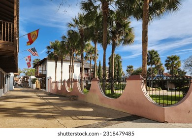 View of St George Street in St Augustine, FL. Founded in 1565 by Spanish explorers, it is the oldest continuously inhabited European-established settlement in the contiguous USA