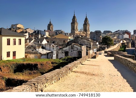 View of St Mary Cathedral in Lugo, Spain, seen from historic Roman walls.