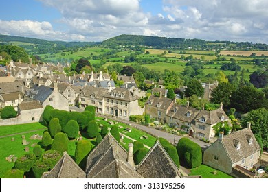 The view from St Marys church tower looking over the village of Painswick and the Cotswold escarpment towards Sheepscombe, The Cotswolds, Gloucestershire, United Kingdom